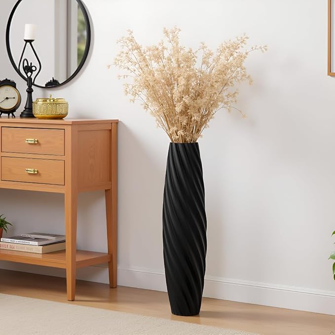 Tall Floor Vase, 23.6 inches Tall Vases Sturdy, Luxury, Textured for Decorative Branches Dried Flowers, Floor Vase for Rustic, Living Room, Shelf Decor (Black)