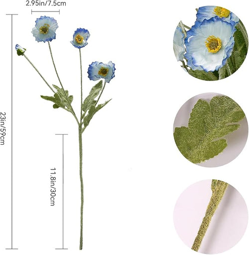 12PCS Poppy Flowers Artificial 23" Real Touch Stems Faux Poppies Silk Flowers for Home Decor Indoor (Blue)