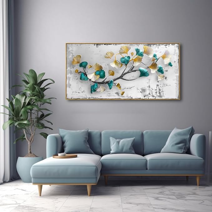 Wall Art Ginkgo Leaf Modern Botanical Artwork Canvas Painting for Living Room Bedroom Dining Room Home Office Decor 24"x48" with Framed