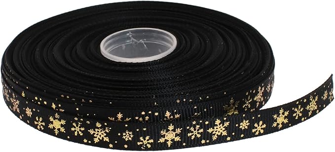 Gold Printing Snowflake Grosgrain Ribbon 25 Yard Each Roll 100% Polyester Woven Edge (3/8", Black)