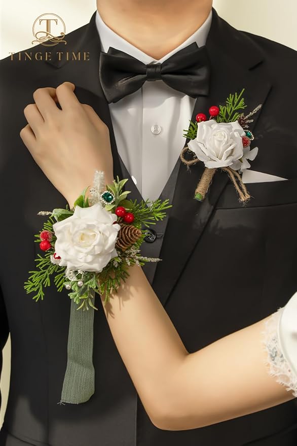 TINGE TIME White Corsage and Boutonniere Set, Prom Flower Wrist Corsage Bracelets, Boutonniere for Men Wedding Flowers Accessories Prom Suit Decorations