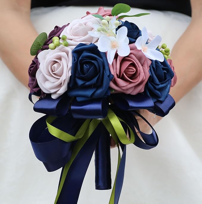 Lightweight Bridal Wedding Bouquet Round Holding Bouquet Throw Toss Artificial Rose Flower Bunch for Bride Bridesmaid Wedding Quinceanera (Navy, Smoky Rose, Light Taro & Dark Puce, 7.9")