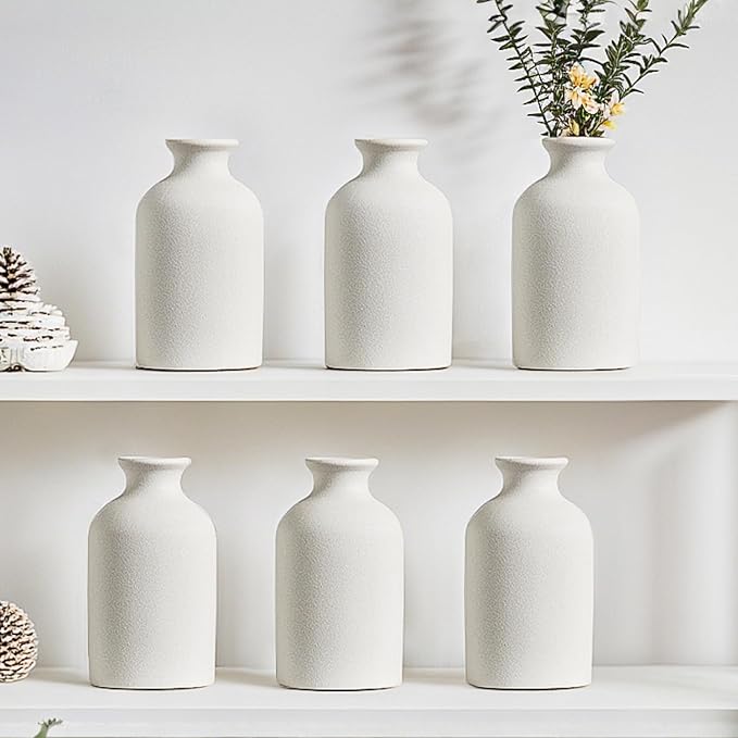 Modern White Small Ceramic Vase Set of 6 for Living Room Bedroom 4.72'' Minimalist Fresh Flower Vases for Home Decor Office Centerpieces Fireplace Nordic Style Gift for Fake Plant 6 Pack