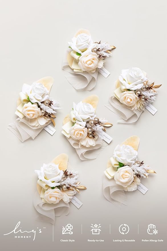 Ling's moment 6pcs Wedding Wrist Corsage Artificial Flowers, Girl/Mother Homecoming Prom Corsages Wristlet Décor, etc. Boho White Nude