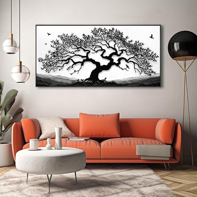 MooMel Wall Art Tree of Life White and Black Abstract Wall Art Canvas Painting for Living Room Bedroom Dining Room Home Office Decor Large Framed Ready to Hang 20"x40"