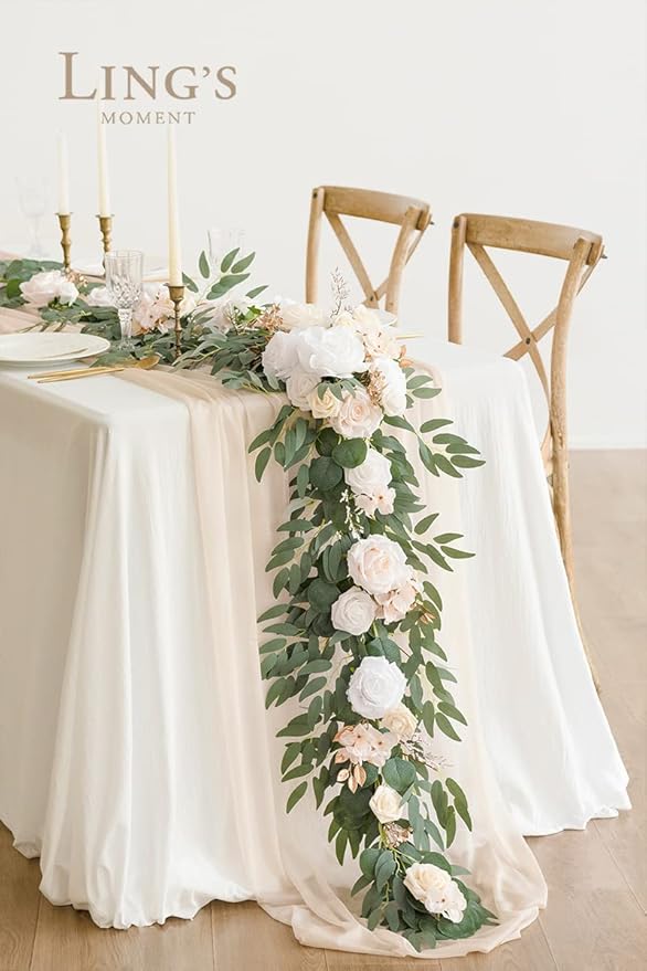 Ling's moment Flower Garland - 6FT Eucalyptus & Rose - Sweetheart Table Decor for Wedding Reception, Artificial Silk Floral Garland for Mantle, Spring, Garden Christmas Decoration, White Beige