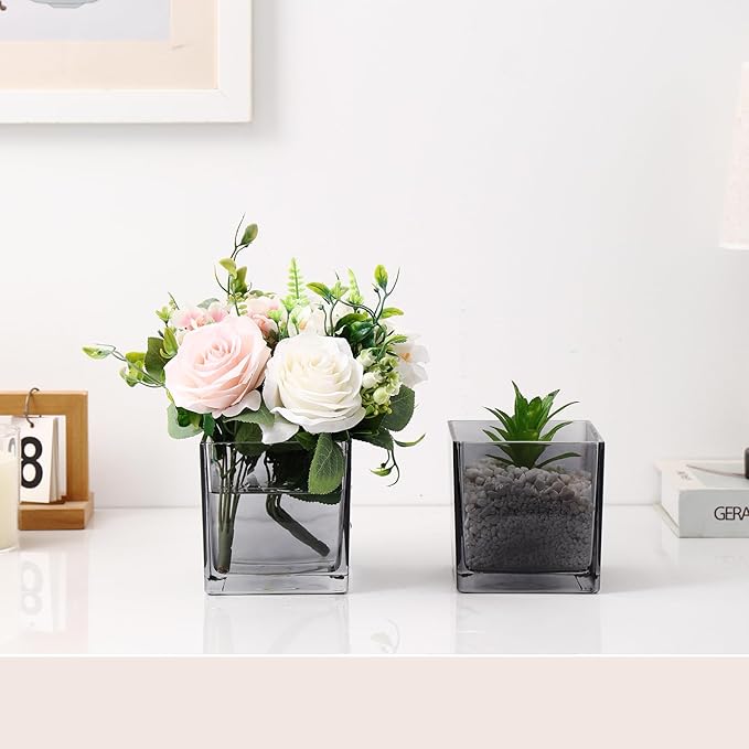 Square Glass Vases Set of 4, 4"x 4"x 4" Flower Vases for Centerpieces, Grey Glass Vase for Flowers, Small Vase for Wedding, Party, Home Office Decoration