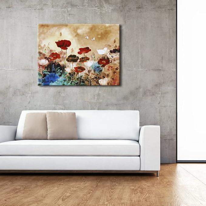 Wieco Art Blooming Poppies Large Colorful Flowers Pictures Paintings on Canvas Wall Art Modern Stretched and Framed Floral Giclee Canvas Prints Artwork for Living Room Bedroom Home Office Decor L