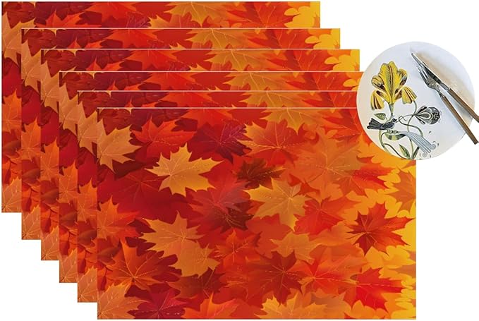 PVC Placemats Set of 6 Wipeable Table Mats Washable Heat Resistant Non Slip Vinyl Dining Table Mat for Kitchen Indoor Outdoor Patio Farmhouse Place Mats Orange Thanksgiving Maple Decorative