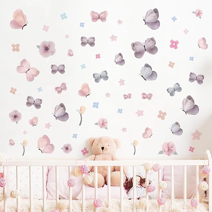 Watercolor Butterfly and Flower Wall Decals Peel and Stick - 70 PCS Flower Butterfly Wall Decor for Girls Room, Nursery, Kids Bedroom, Home Art Decals