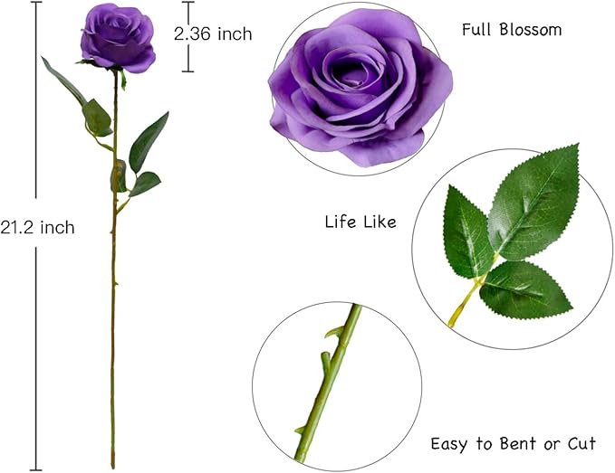 DuHouse 10pcs Fake Roses Artificial Silk Flowers Faux Rose Flower Long Stems Bouquet for Arrangement Wedding Centerpiece Party Home Kitchen Decor(Purple)
