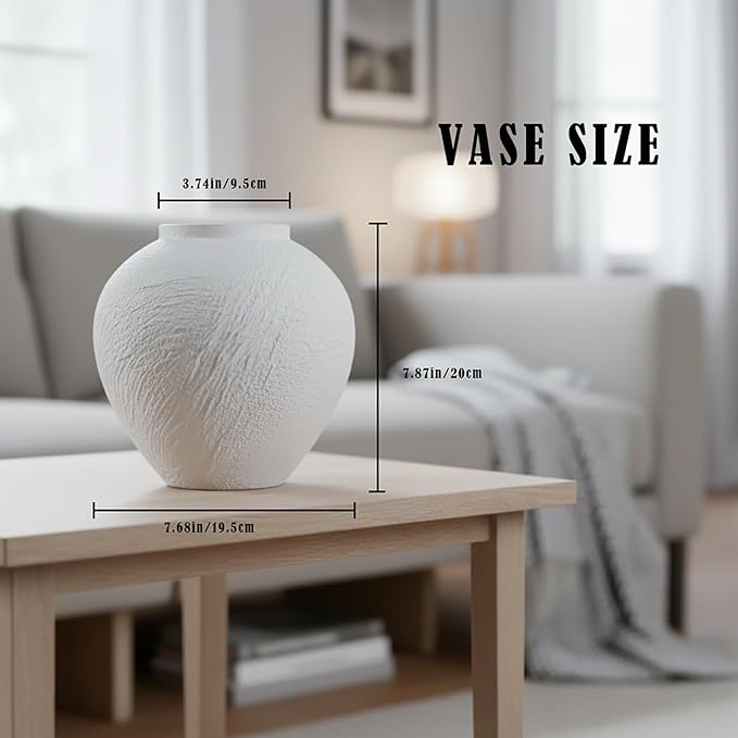 Vintage Ceramic Vase, Minimalist Texture Stone Patterned White Flower Vase, Decorative Vase for Living Room Shelf Farmhouse Dining Table Centerpiece Decor (White Texture 7.9'')