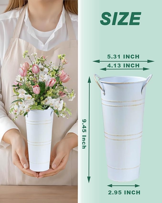 9 Inch Galvanized Metal Vases for Flowers - 6 Pcs Farmhouse Decorative Tall Flower Bucket with Handles, Rustic French Tin Planter Buckets for Wedding Decor (Vintage White)