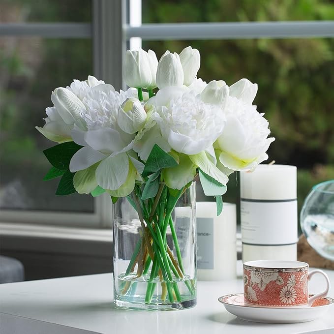 ENOVA FLORAL Artificial Flower Arrangement with Vase, Faux Flower in Vase, Mixed Artificial Real Touch Tulip and Fake Silk Peony Flower in Vase for Decoration Home Office(Cream)