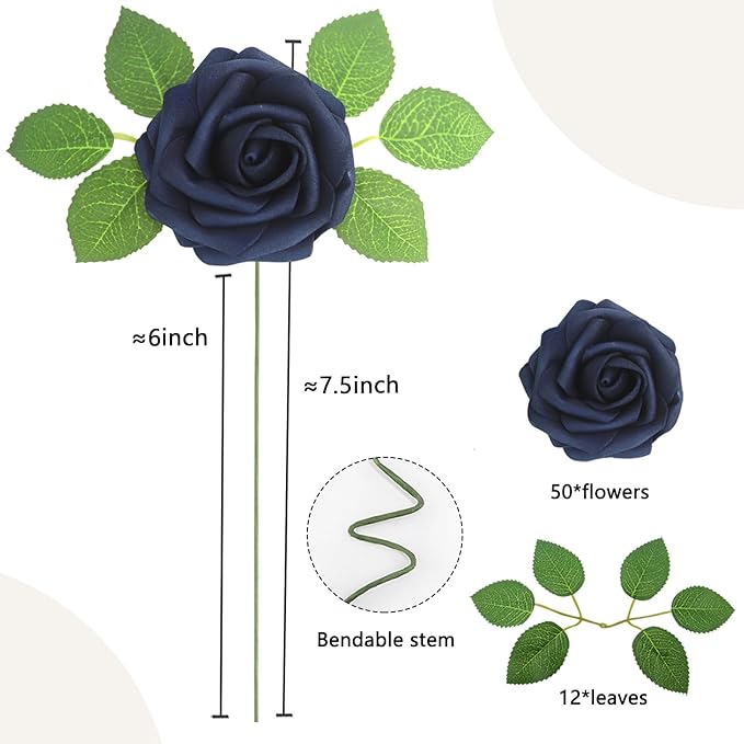 Artificial Flowers Navy Blue Roses 50PCS Real Looking Foam Fake Roses with Leaves and for DIY Wedding Bouquets Bridal Shower Centerpieces Party Decorations (Navy Blue)