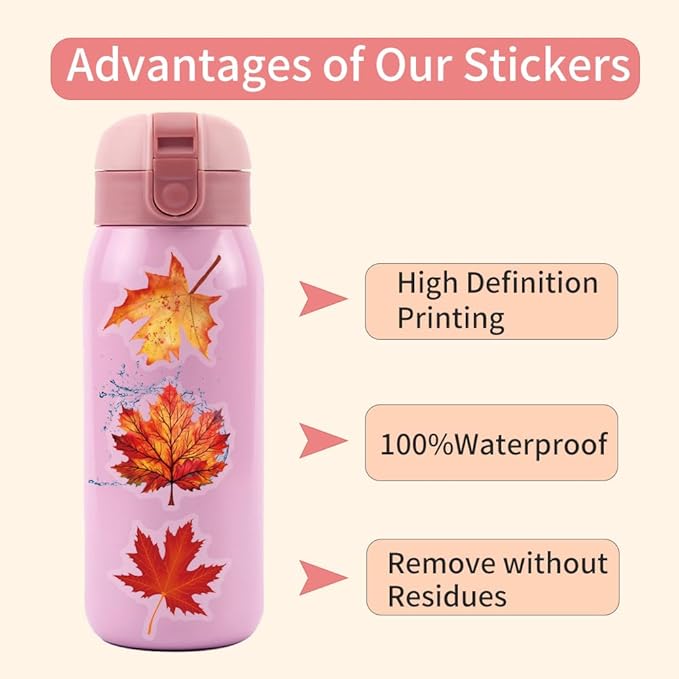 60 Pcs Fall Maple Leaf Stickers, Transparent Autumn Thanksgiving Stickers, Waterproof PET Vinyl Decals for Journaling, Scrapbooking, Laptop, Water Bottle, Gift Tags, Seasonal Decor