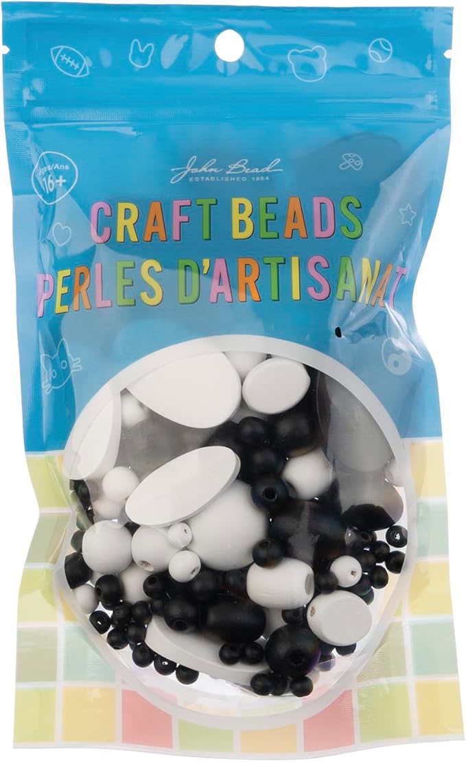 John Bead 90g Craft Beads White and Black Wood Beads with Elastic Nylon Cord