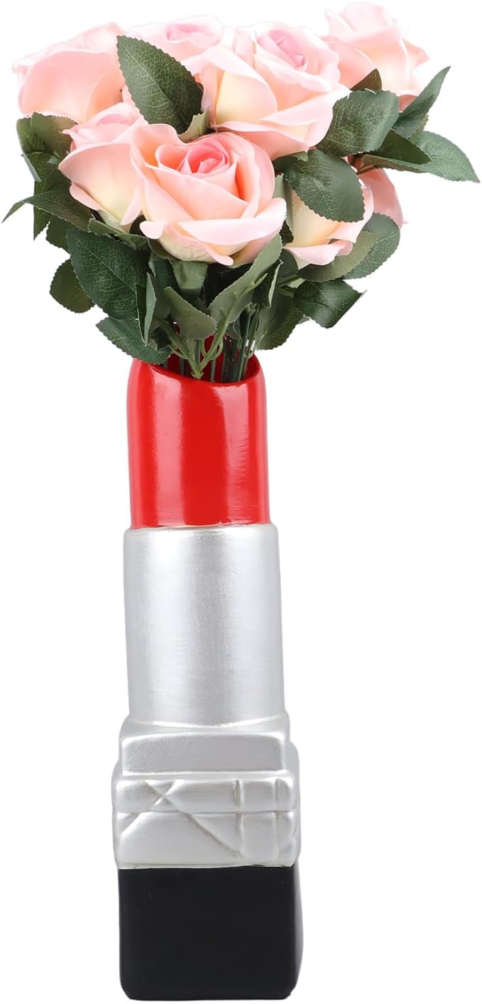 Creative Lipstick Shape Vase, Modern Flowers Pot Unique Vase Beautiful Resin Exquisite Realistic Lipstick Shape Decorative Vase for Book Shop Coffee Shop (Silver)