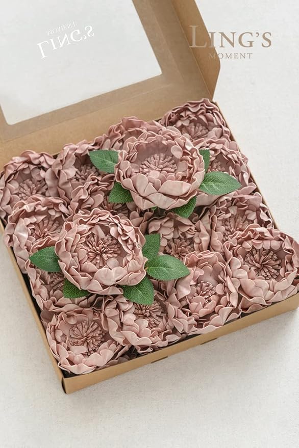 Ling's moment Flowers 16pcs Dusty Rose Blooming Peonies Artificial Flowers with Stem, Artificial Peony Flowers for DIY Wedding Decorations Centerpieces Bouquets Boutonnieres