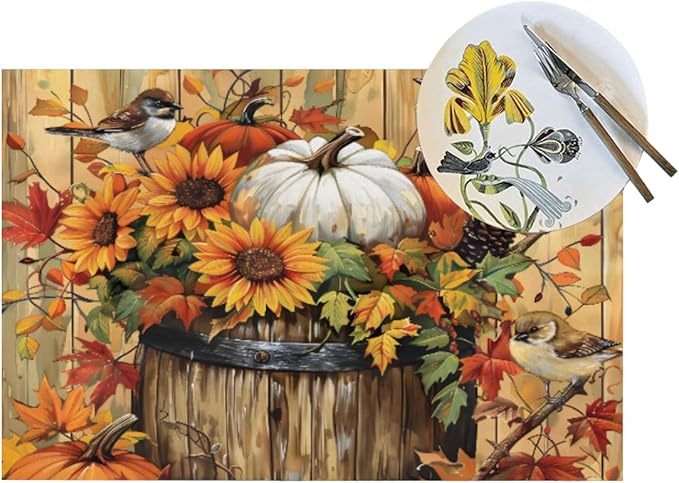 PVC Placemats Set of 1 Wipeable Table Mats Washable Heat Resistant Non Slip Vinyl Dining Table Mat for Kitchen Indoor Outdoor Patio Farmhouse Place Mats Retro Wooden Fall Bird Decorative