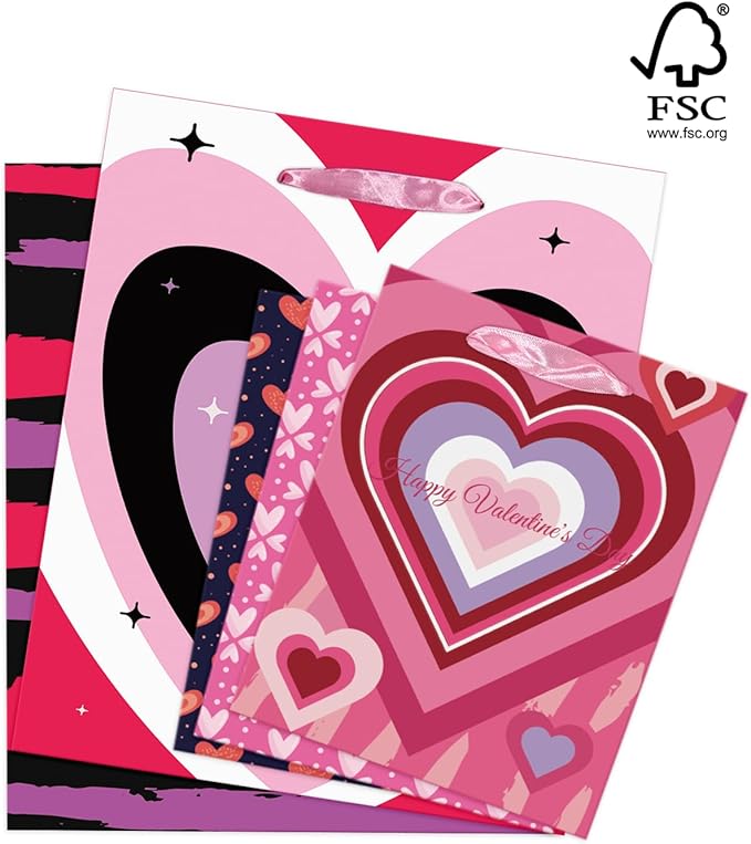 qiqee Valentine 5PCS Gift Bag with Tissue Paper Assorted Size Present Wrap Bags For Lover (3 PCS Medium Size+2 PCS Large Size)