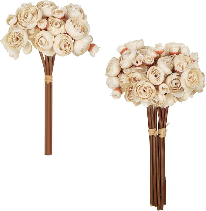 IPOPU Ranunculus Artificial Flowers 2Bouquets Silk Flowers with Stems 12PCS Mini Fake Flowers for DIY Wedding Bouquet Bridal Shower Decorations Floral Filler Flowers Centerpieces (Beige)