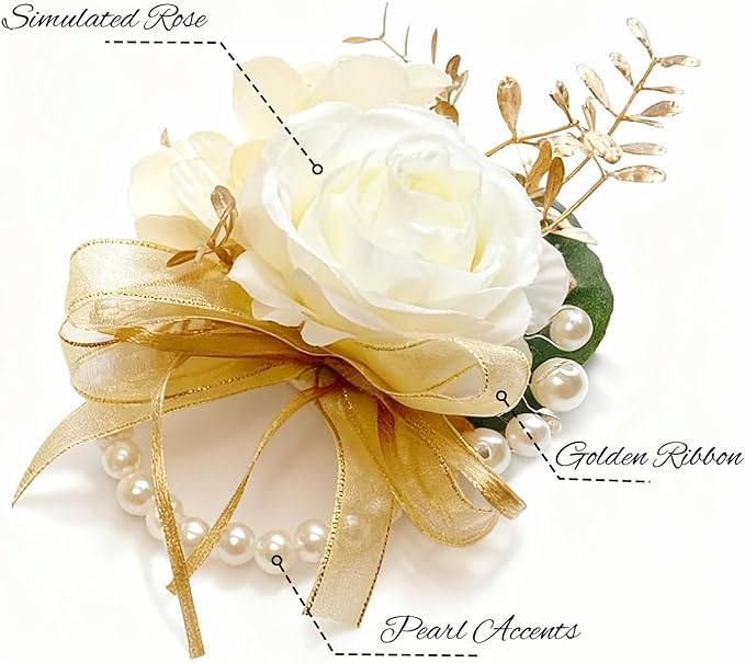 Rose Champagne Wrist Corsages 8 Pcs - Bride Bridesmaid Wrist Corsage Bracelets for Wedding, Prom and Anniversary,Formal Dinner Party & Flower Girl Accessories(C)