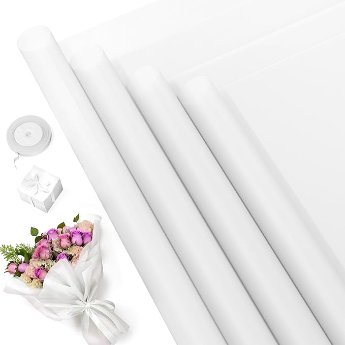 YTDEK Flower Wrapping Paper 20 Sheets White Floral Bouquet Wrapping Paper with Ribbon for Florist Supplies Wedding Shower Anniversary Birthday Graduation