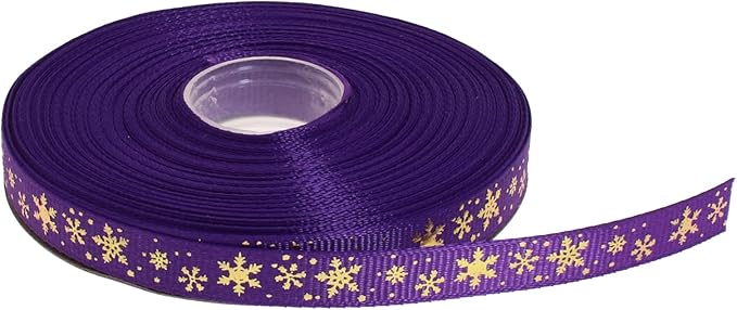 Gold Printing Snowflake Grosgrain Ribbon 25 Yard Each Roll 100% Polyester Woven Edge (3/8", Purple)