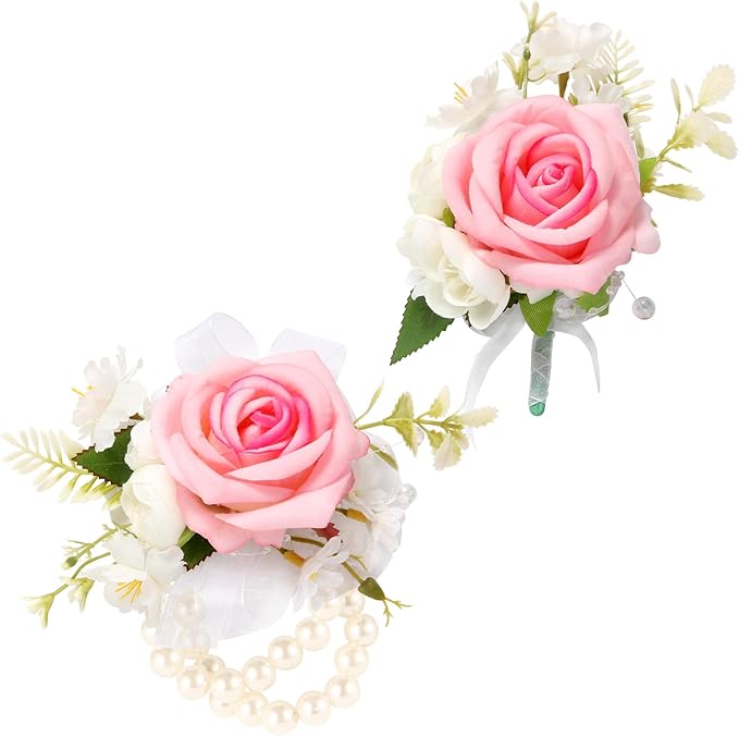 Wrist Corsage and Boutonniere Set, Artificial Rose Corsage Wristlet and Boutonniere for Wedding Prom Party (Pink, 2pcs)