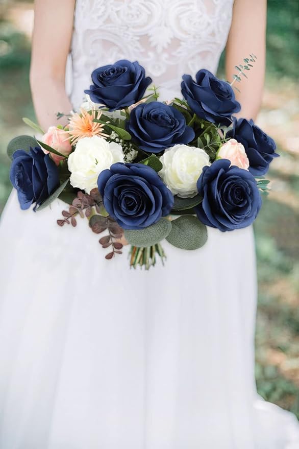 12pcs Roses Artificial Flowers Navy Blue Fake Roses Flowers with Long Stems Silk Flowers for Wedding Bouquet Centerpices Decorations Party Bridal Baby Shower Home Decor