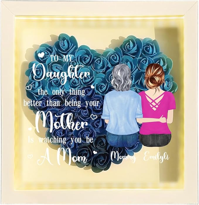 Personalized Mom Flower Shadow Box with LED Light Custom Heart Shaped Rose Flower Shadow Box Frame with Family Portrait To My Daughter Mother's Day Shadowbox Memory Gifts for Mom from Daughter