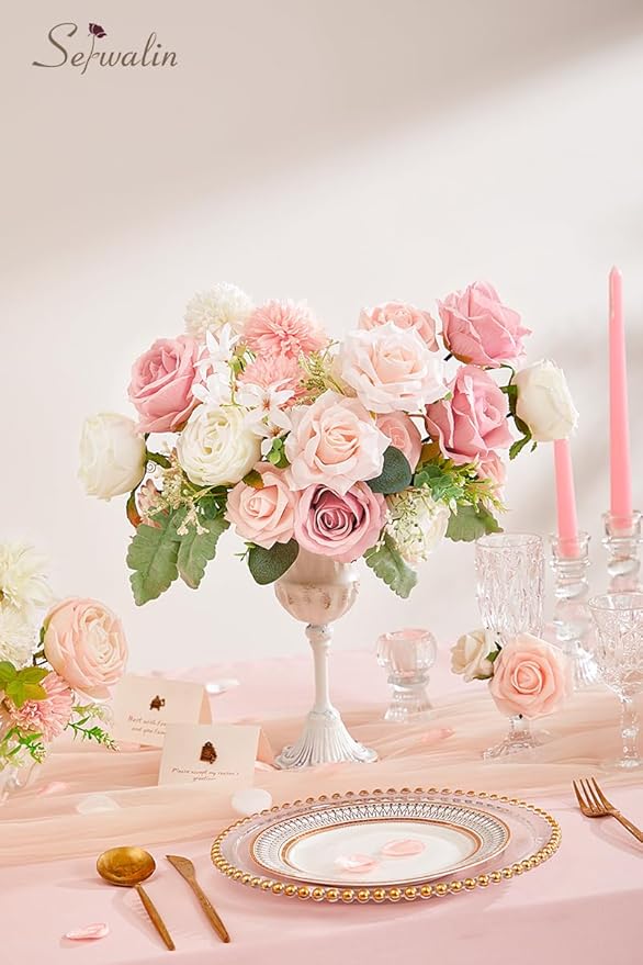 Serwalin Artificial Flowers Fake Silk Flowers for DIY Wedding Bouquets Cake Decoration Mixed Roses Combo Blush Pink and White Flower Centerpieces Arrangements for Party Table Chair Decor