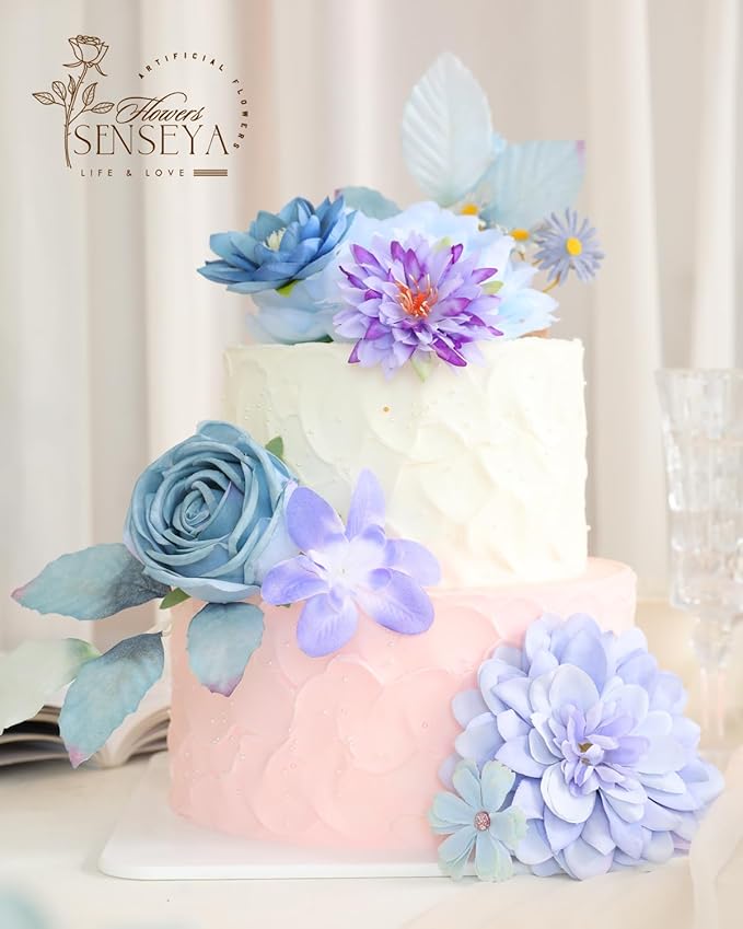 Senseya Artificial Flowers Combo, Blue Purple Silk Roses, Peonies, Dahlias with Stems for DIY Wedding Bouquets, Baby Shower, Table Centerpieces, Home Decor, Fake Floral Arrangements, Party Decorations