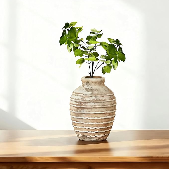 Ceramic Vase, 6.7 inch Ribbed Textured Minimalist Rustic Farmhouse Terracotta Vase for Home Decor, Table, Living Room, Entryway, Shelf, Mantel Decoration (Rust)