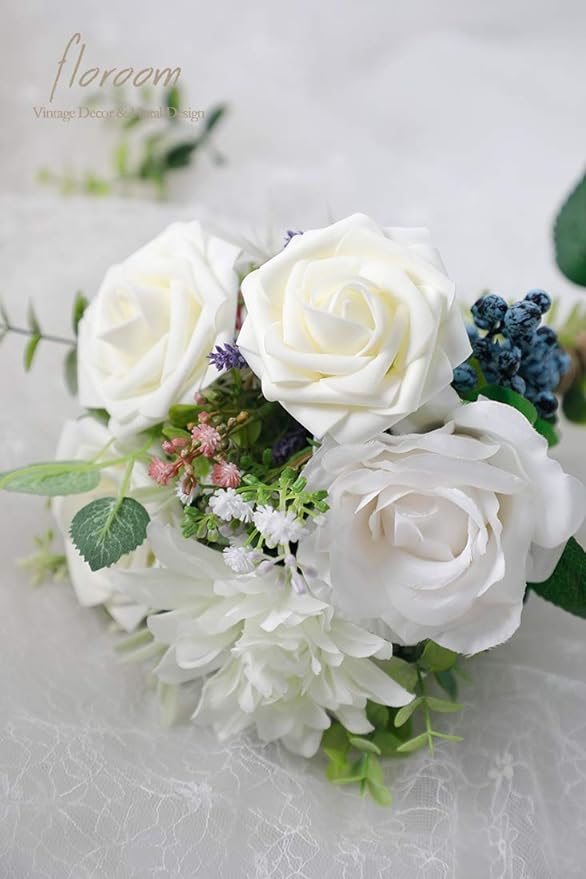 Floroom Artificial Flowers 50pcs Real Looking Ivory Foam Fake Roses with Stems for DIY Wedding Bouquets White Baby Shower Centerpieces Floral Arrangements Party Tables Home Decorations