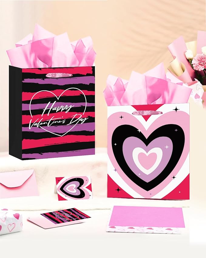 qiqee Valentine 5PCS Gift Bag with Tissue Paper Assorted Size Present Wrap Bags For Lover (3 PCS Medium Size+2 PCS Large Size)