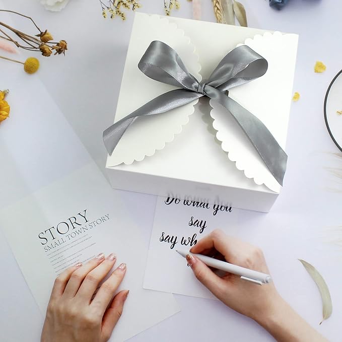 8"x 8"x 4" White Gift Boxes with Lids and Ribbons, 6 Pack Foldable Cardboard Paper Boxes for Gifts, Bridesmaid Proposal Boxes, Wedding Birthday Party Favor Boxes, Sturdy Reusable Bulk Gift Boxes