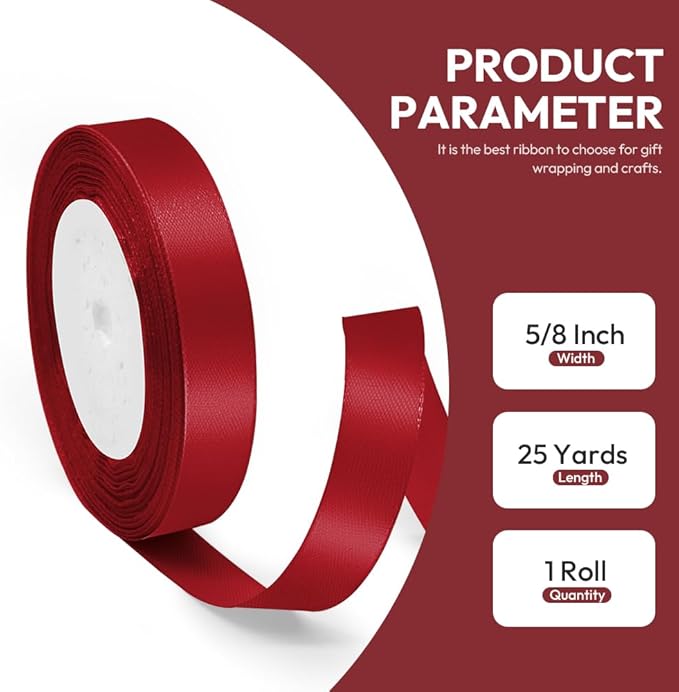 5/8" x 25 Yards Satin Ribbon, Dark Red Silk Ribbon Ideal for Gift Wrapping, Floral Bouquets, Crafts, Wedding Party Decorations, Christmas and Sewing Projects