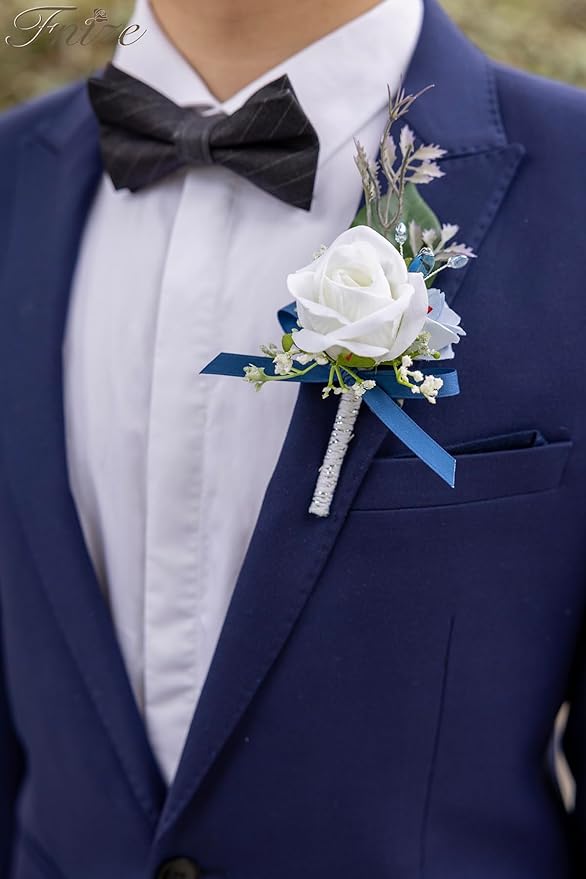 Fnize Blue Boutonniere for Men, 6 Pcs Groom Groomsmen Boutonnieres, Artificial Flowers for Wedding Prom Homecoming