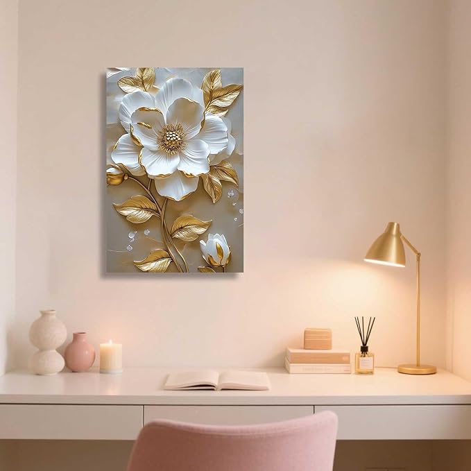 ZSHARTSWD Abstract White & Gold Floral Canvas Wall Art Elegant Flowers Pictures Prints White Flower Golden Leaves Painting Living Room Bathroom Decor Framed (Beige, 30L x 20W)