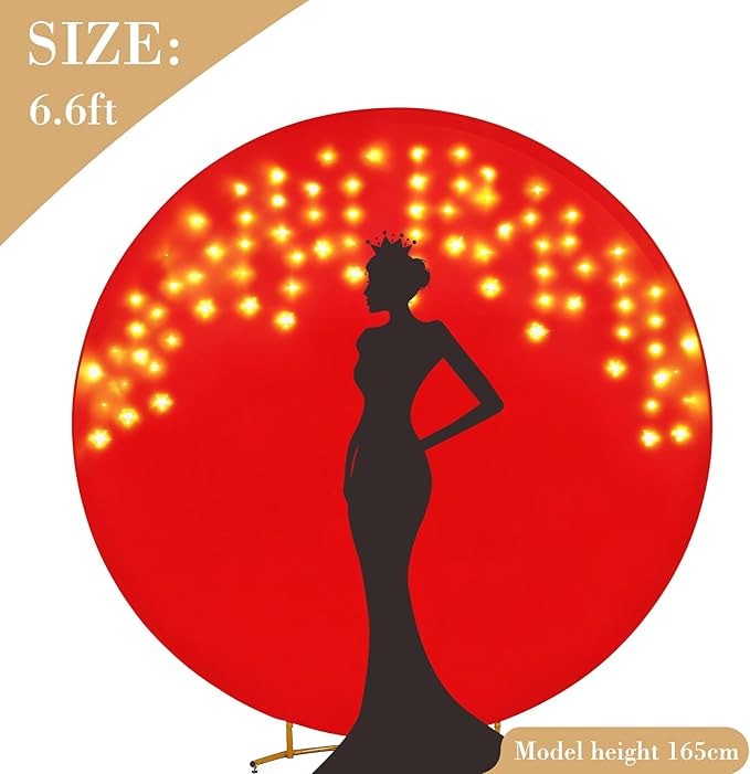 6.6 FT Red Round Backdrop Cover with Lights String for Circle Arch Stand Circle Backdrop Covers with LED Fairy Lights for Wedding Arch Baby Shower Birthday Party Photo Shoot Photography Background