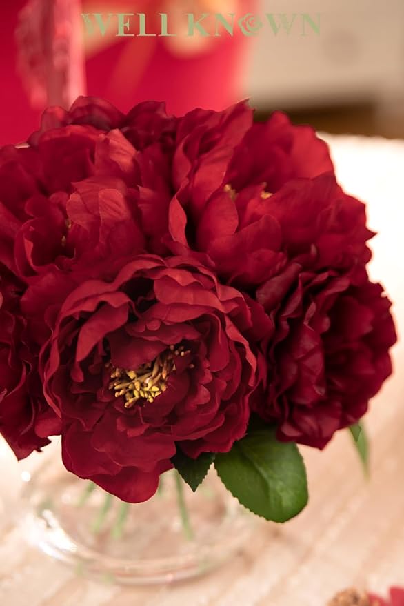 WELL KNOWN Artificial Flowers in Vase, Silk Peonies Flowers for Vase with Faux Water, Fake Flower Arrangements for Thanksgiving Fall Winter Coffee Dinning Table Centerpieces Decor (Burgundy Red)