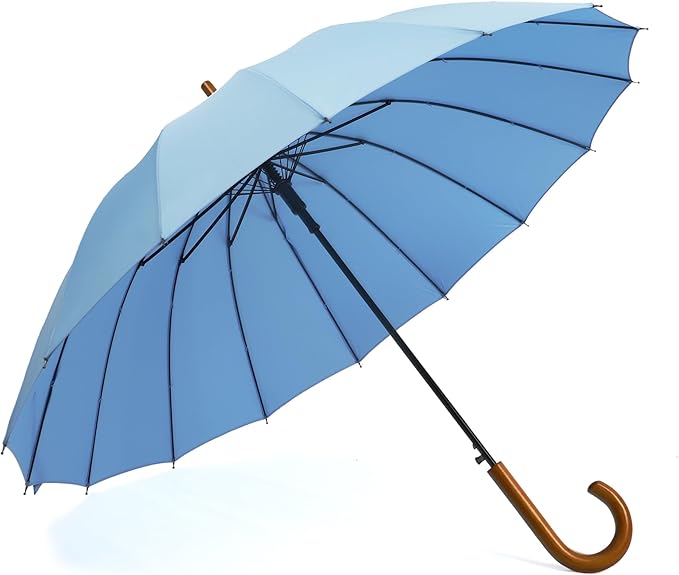 SoulRain 16 Ribs 48" Stick Umbrella Auto Open Solid Color Fashionable and Simple，Arc Classic Wood Handle，Windproof Unbreakable Stick Rain Umbrella