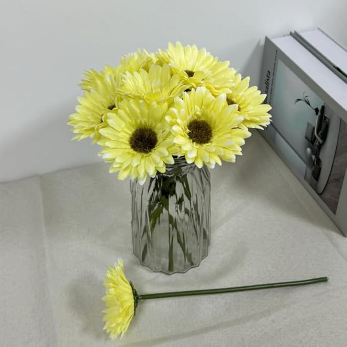 10PCS Artificial Daisy Artificial Flowers Gerbera Daisy Silk Flowers Faux Flower for Party Home Kitchen Garden Wedding Decor (Yellow)