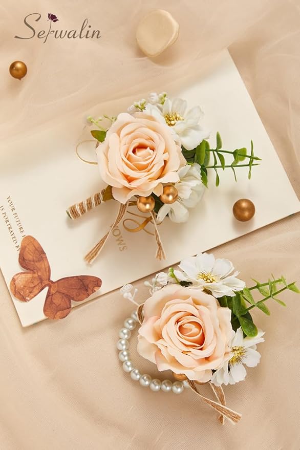Serwalin Champagne Corsage and Boutonniere Set, Prom Flower Wrist Corsage Bracelets, Homecoming Roses Corsage Wristlet and Men Boutonniere for Wedding Flowers Accessories Prom Suit Decorations