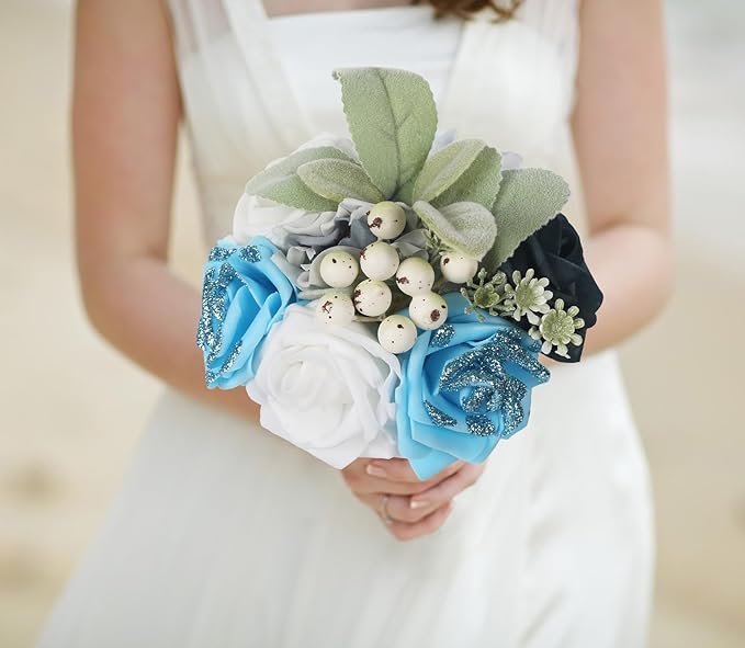 Light Blue Glitter Roses 100pcs Blue Foam Roses 2.56" Glitter Flowers Fake Roses for Baby Shower Centerpieces Faux Floral Arrangement Wedding Cake Flowers Decorations (Light Blue)