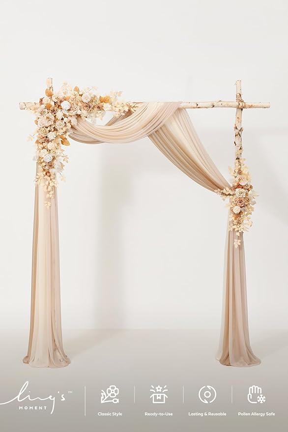 Ling's moment Wedding Arch Flowers with Drapes Kit-Pack of 5, 2pcs Flower Arrangements 3pcs Sheer Hanging Drapes White Ceremony Arbor Backdrop Artificial Rose Floral Decorations, Sand Beige