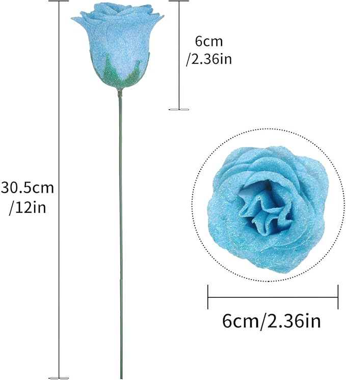 Light Blue Roses Artificial Flowers,30PCS Fake Glitter Roses with Stem for Wedding Bouquet Party Christmas Home Decor(Light Blue)