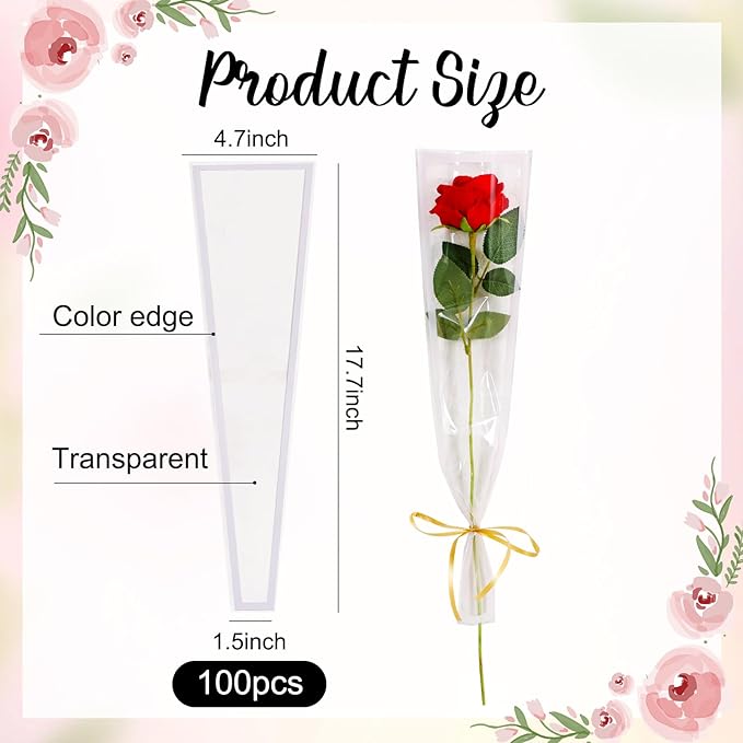 BEISHIDA 100 Pcs Single Rose Sleeve Bouquet Bags Kraft Paper Flower Bouquet Wrapping Paper Clear Single Flower Sleeve Rose Packaging For Mother's Day,Wedding,Valentine's Day(15.7 X 4.7in-White)